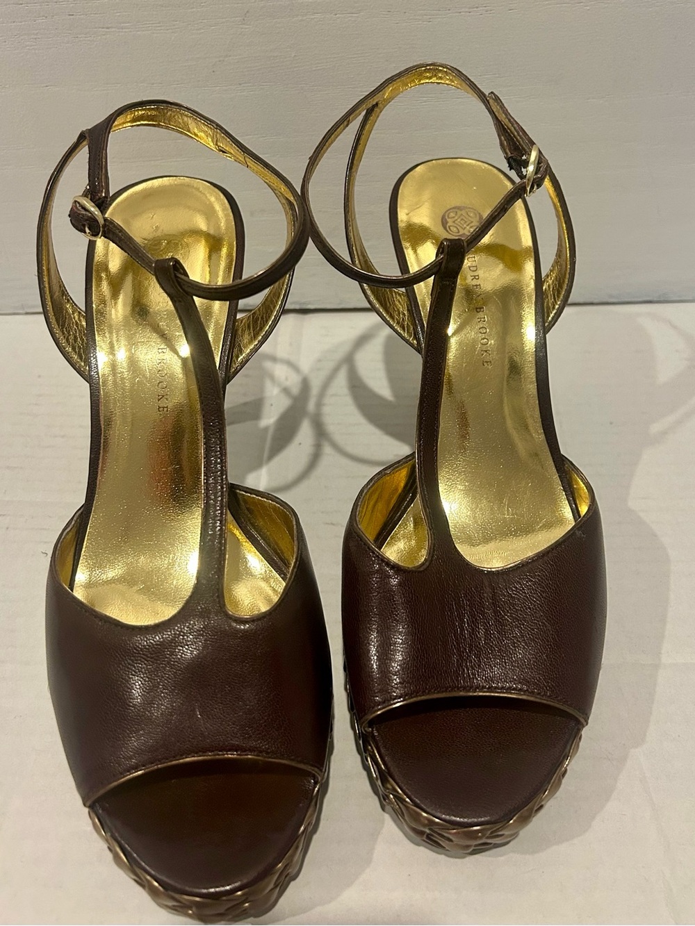 Audrey Brooke Brown T-Strap Peep Toe Platform Heels - Picture 3 of 5